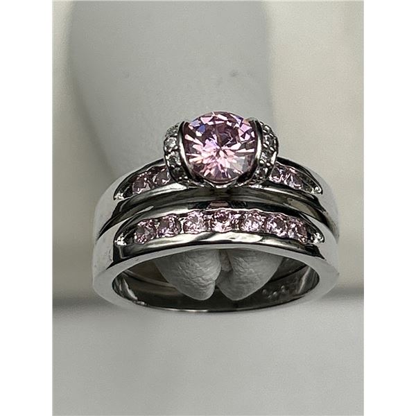 Sterling Silver 925 Pink Cubic Zirconia Ring Set