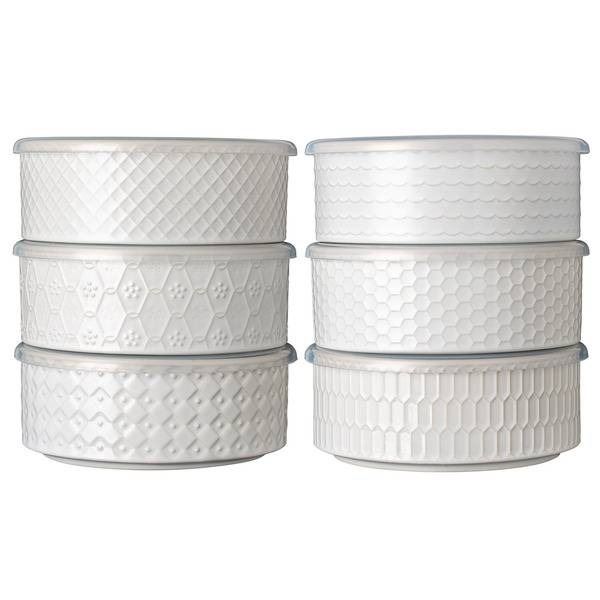White Ceramic Bowls With Plastic Lids, Floral and Honeycomb Pattern