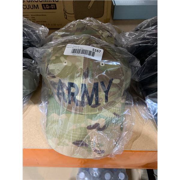 4 Army-Themed Camouflage and Khaki Hats with Printed Text