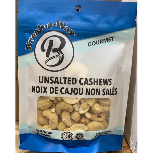 Break-a-Way Unsalted Cashews, 12 Packs of 90g Each
