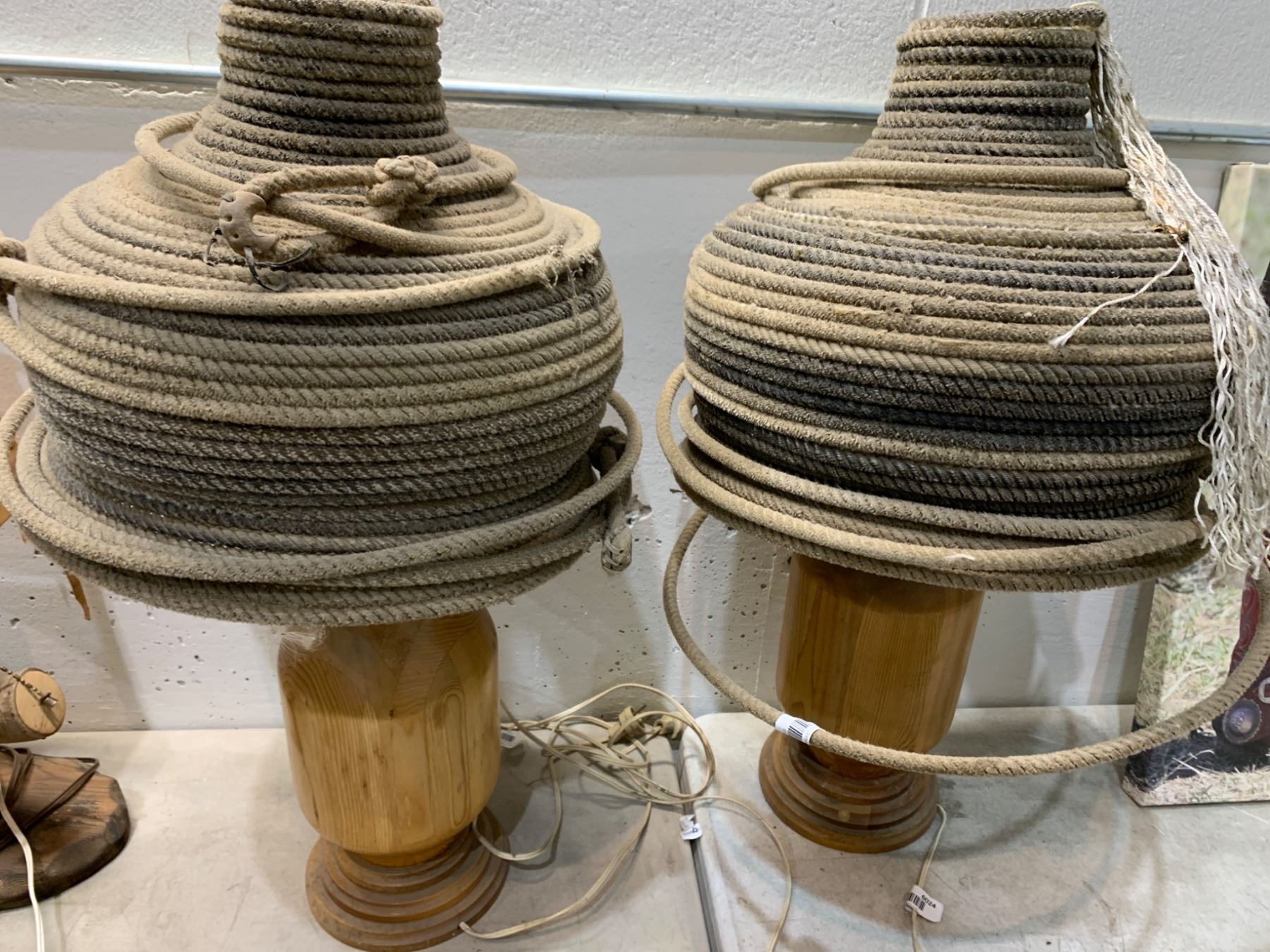 Rope-Wrapped Pendant Lamps with Wooden Bases and Electrical Wiring