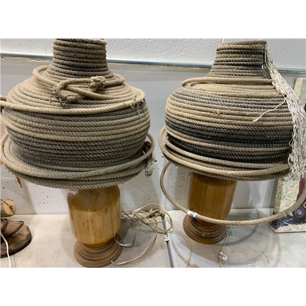 Rope-Wrapped Pendant Lamps with Wooden Bases and Electrical Wiring