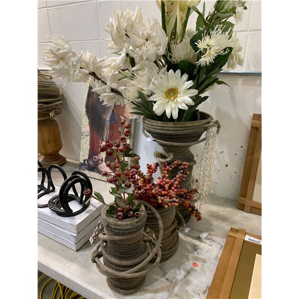 Decorative Rope-Wrapped Vase Set with Artificial Flowers