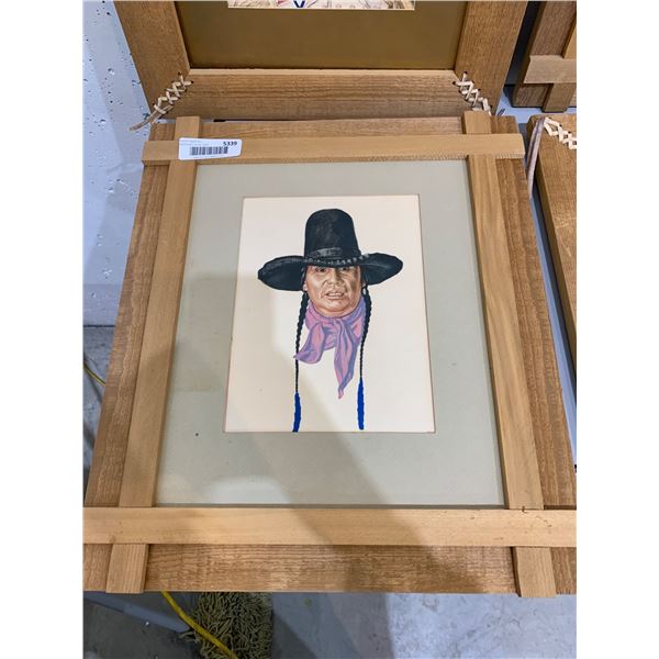 Framed Cowboy Portrait Drawing in Wooden Frame