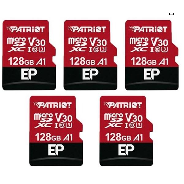 Lot of 5 Patriot 128GB V30 A1 Micro SD Cards with Storage Cases