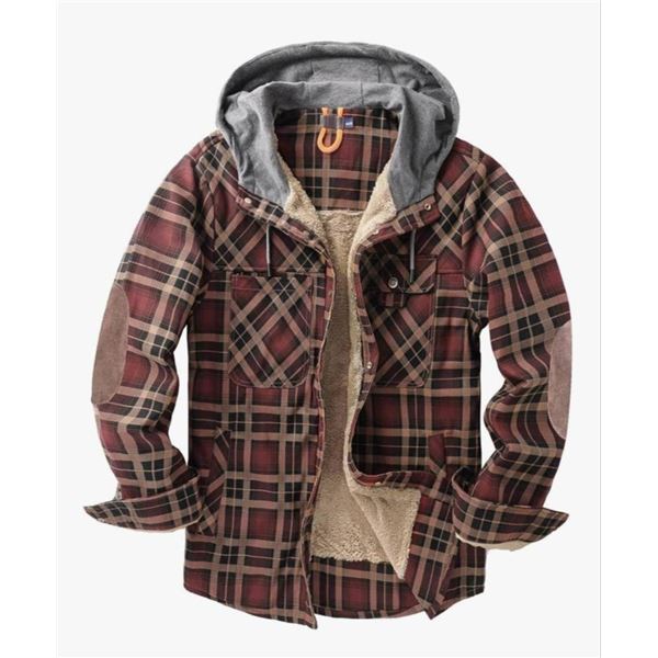 Men’s Fleece Lined Plaid Shirt Jacket with Hood, Size 2XL