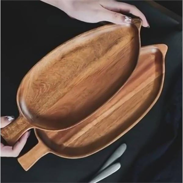 Set of 2 Elegant Leaf Shaped Wood Serving Tray Wood Plates