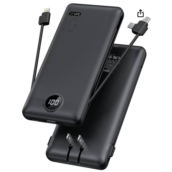 VRURC Portable Charger with Built-in Cables and AC Wall Plug