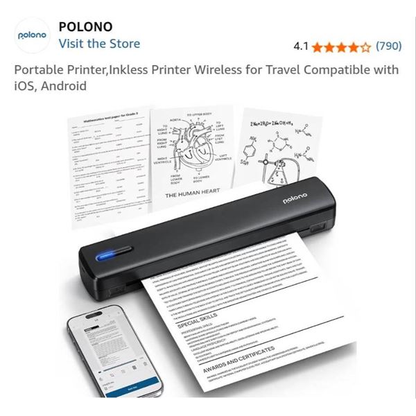Polono D810 Portable Printer, Wireless, Compatible with iOS and Android