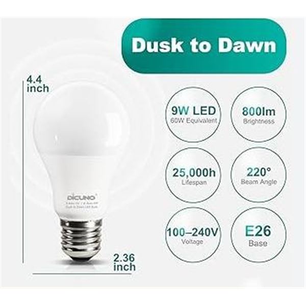 Dicuno 9W LED Dusk-To-Dawn Sensor Light Bulb, 2 Pack, 60W Equivalent