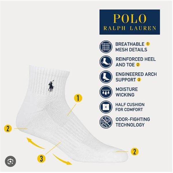 Polo Ralph Lauren Performance Half Cushion Socks for Men – 6 Pairs, White