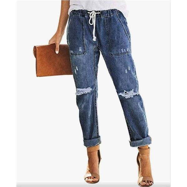 Mettilina Women’s Casual Pull-On Distressed Jeans With Elastic Waist
