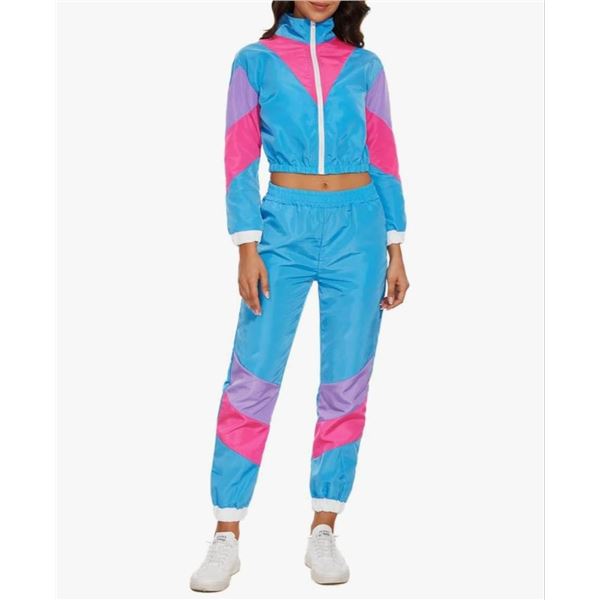 Women’s 80s Style 2-Piece Tracksuit in Blue and Pink, Size Small