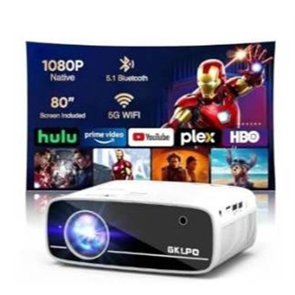 GKLPO Native 1080P 4K Supported Projector with HDMI, USB, WiFi 6, and Bluetooth