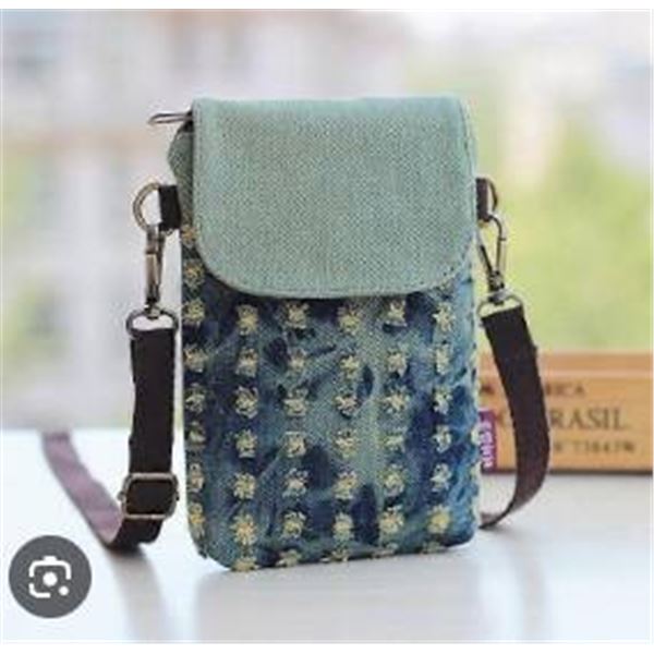Small Denim And Green Fabric Crossbody Bag With Adjustable Strap