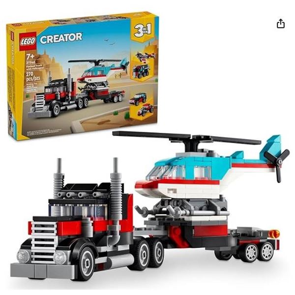 LEGO Creator Set 31146 3-in-1 Flatbed Truck With Helicopter, 270 Pieces