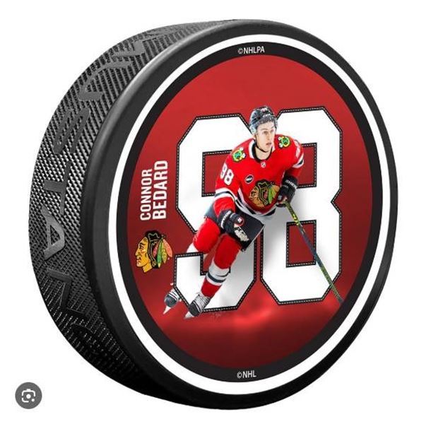 Lot of 2 – Chicago Blackhawks NHL Bedard Photo Puck