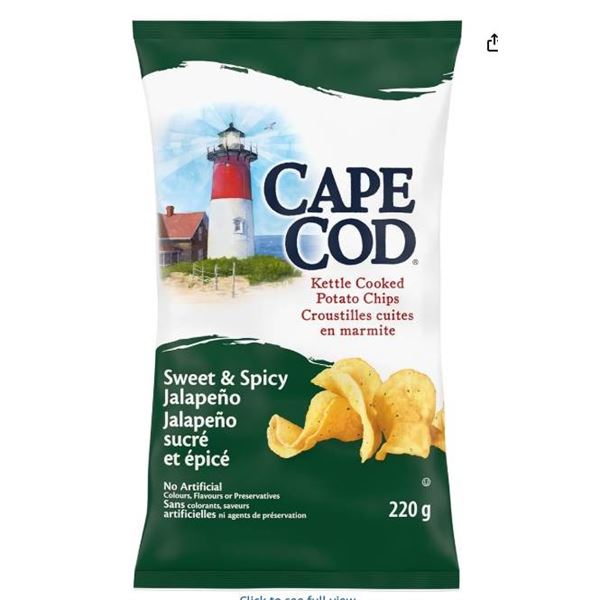 Cape Cod Kettle Cooked Potato Chips Sweet & Spicy Jalapeno, Lot of 12 Bags, 220g Each