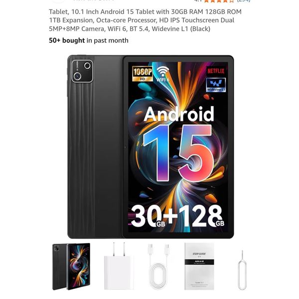 10.1 Inch Tablet with Android 15, 30GB RAM and 128GB ROM