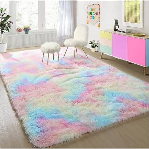 OLANLY Soft Fluffy Area Rug, 5×8, Rainbow Design