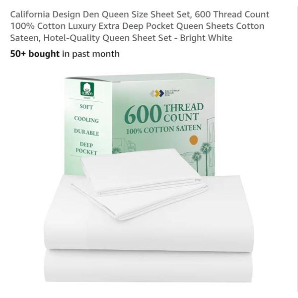 California Design Den 600-Thread Count Queen Sheet Set, Bright White