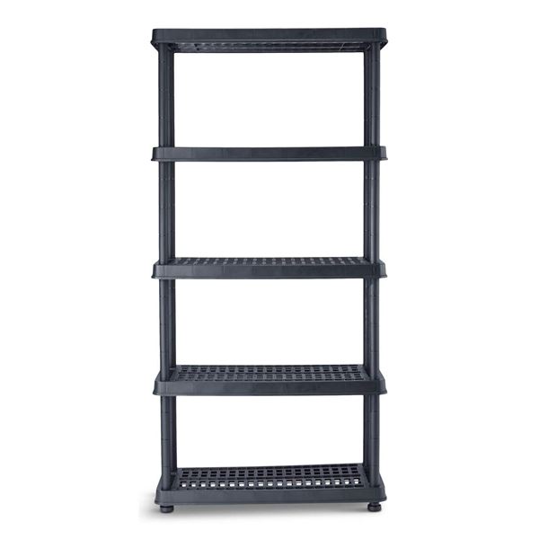 Five-Tier Black Plastic Shelving Unit with Ventilated Shelves