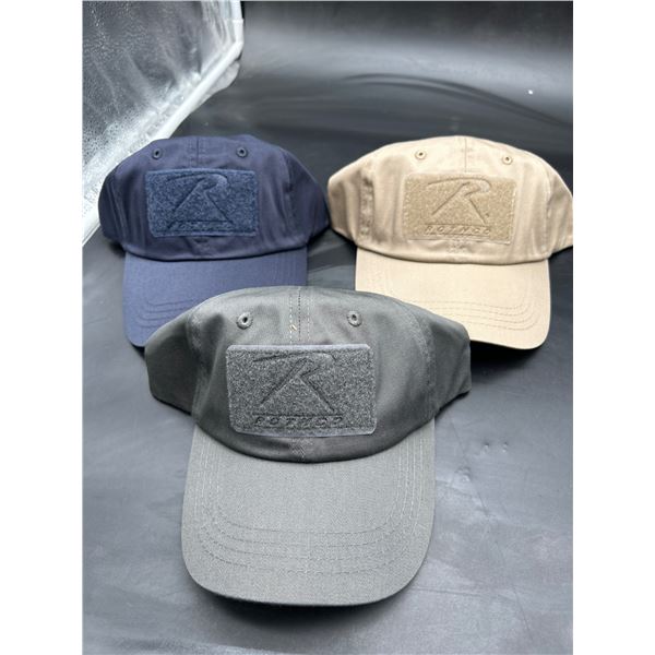Lot of Three Rothco Adjustable Tactical Caps in Navy, Tan, and Gray
