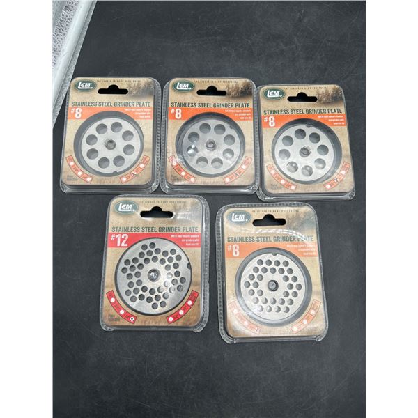Assorted Lot of LEM Stainless Steel Grinder Plates #8 and #12, Set of 5