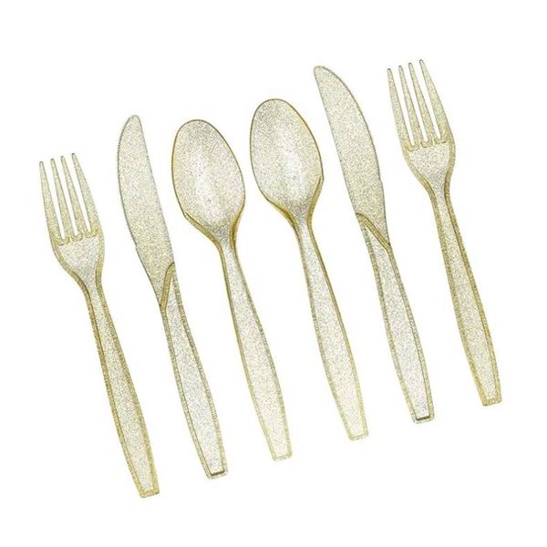Prestee 180 Gold Glitter Plastic Silverware Cutlery Set