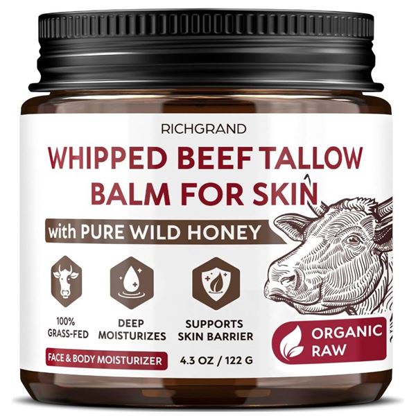 RICHGRAND Beef Tallow for Skin – Whipped Tallow and Honey Balm Moisturizer 4.5oz / 122g