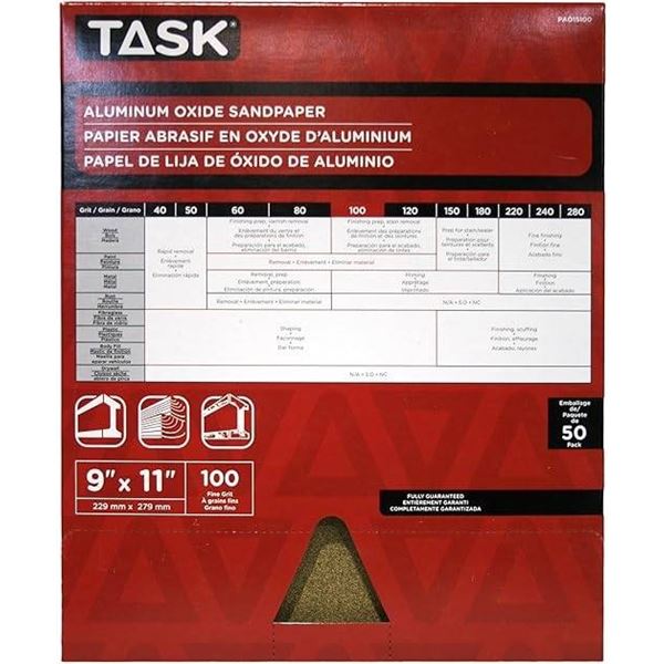 Task Aluminum Oxide Sandpaper, 100 Grit, 5 Sheets X 15 Packs