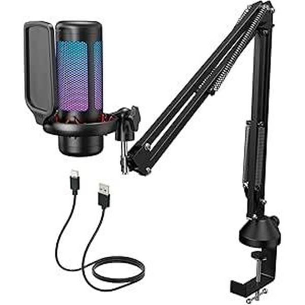 TONOR Gaming USB Microphone Set for PC, RGB Condenser Mic with Boom Arm Quick Mute, Pop Filter, Shoc