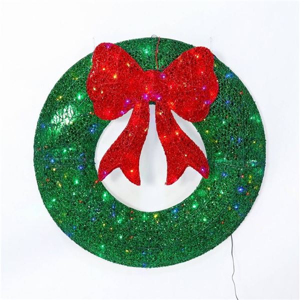 Electric Green and Red Glitter Holiday Wreath Decoration with Power Cord