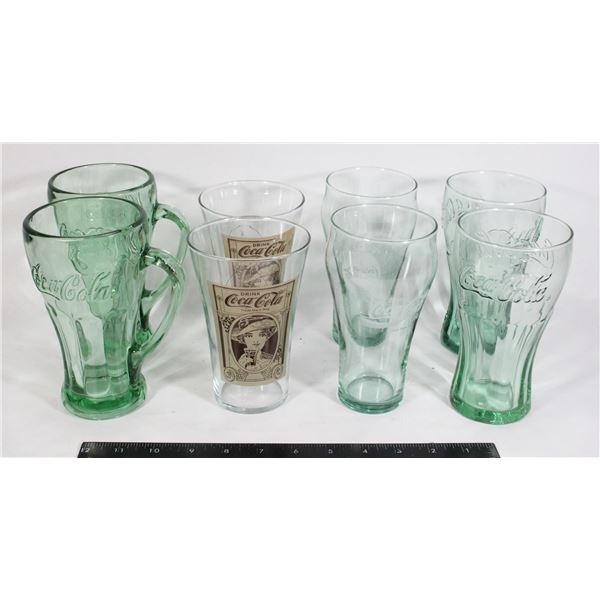 8- 20 OZ GREEN COKE GLASSES- 4 STYLES,3 PATTERNS