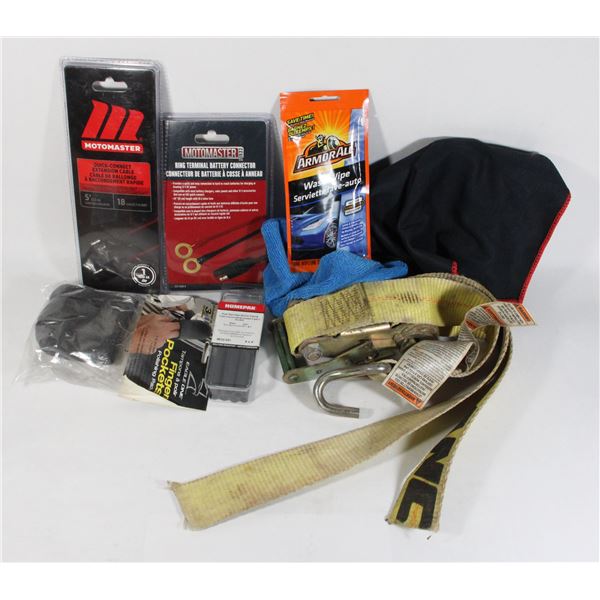 BOX OF AUTOMOTIVE ITEMS, CLEANING AND MORE