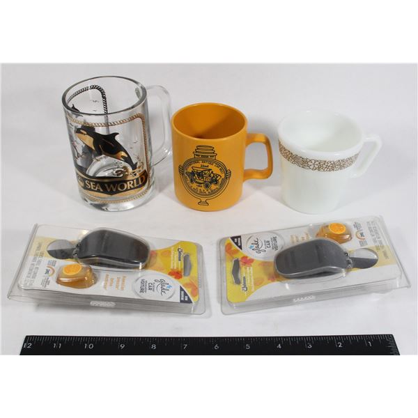 LOT OF VINTAGE DRINKWARE AND CAR AIR FRESHENERS