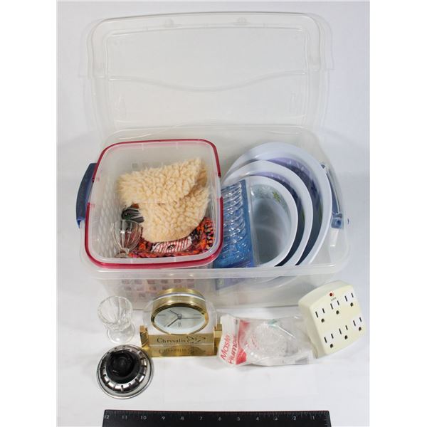 RUBBERMAID TOTE WITH HOME ITEMS,