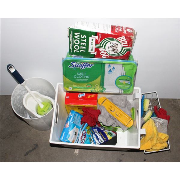 BOX OF ASSORTED CLEANING SUPPLIES, SOME NEW,