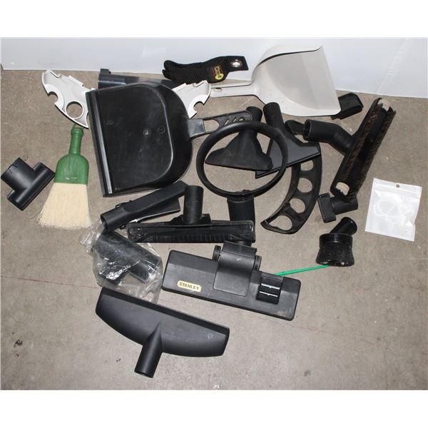 BOX OF DUSTPANS AND VACUUM ATTACHMENTS