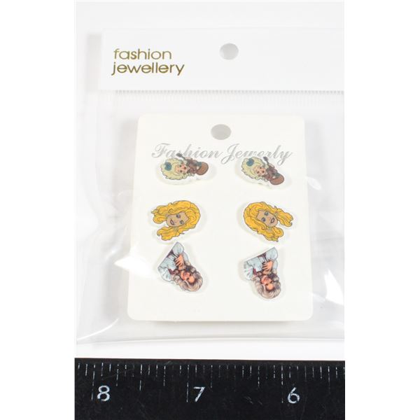 NEW 3PC DOLLY PARTON CARTOON STUD EARRINGS