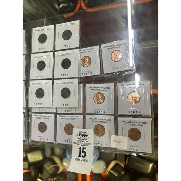 Indian Head Cents 6,   8 Lincoln Cents,   2 Old Wheat Cents