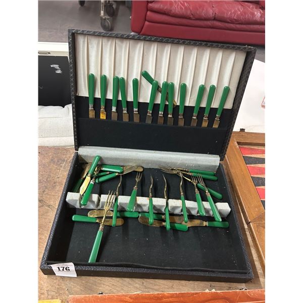 Emerald Handle Brass Dining Utensils w/Box