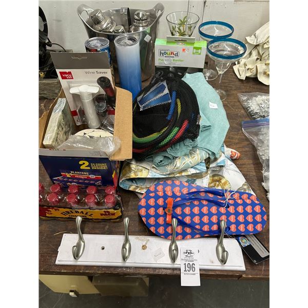 Cinnamon Fireball, Coat Hooks, Gator Flip Flops, Coaster, Shakers, Stems, Linens