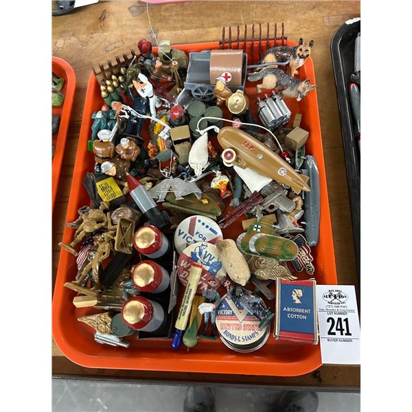 Vintage Metal/Asst. Toy Soldiers, War Time Pins, Accessories