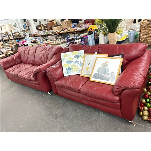 Red Leather Sofa/Loveseat Set w/Chrome Legs