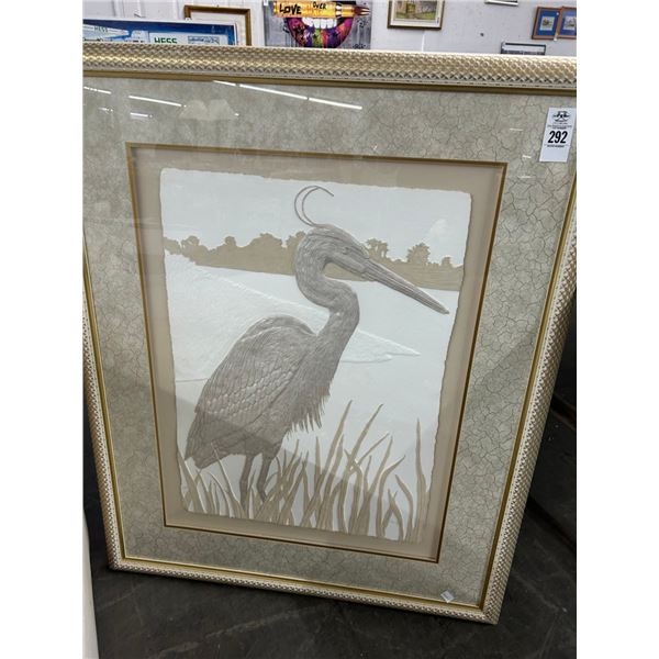 Large Framed Textured Heron Wall Art - 30"  X  36"