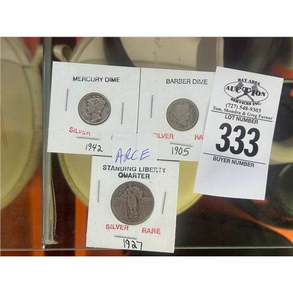 1942 Mercury Dime, 1905 Barber Dime, 1927 Standing Liberty Quarter