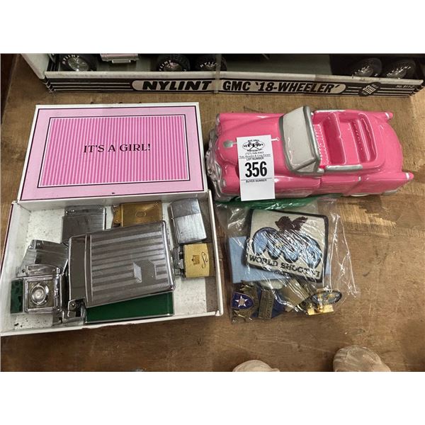 50's Car Decanter, Metals, Patches, Vintage Flint Lighters, Cigar Box