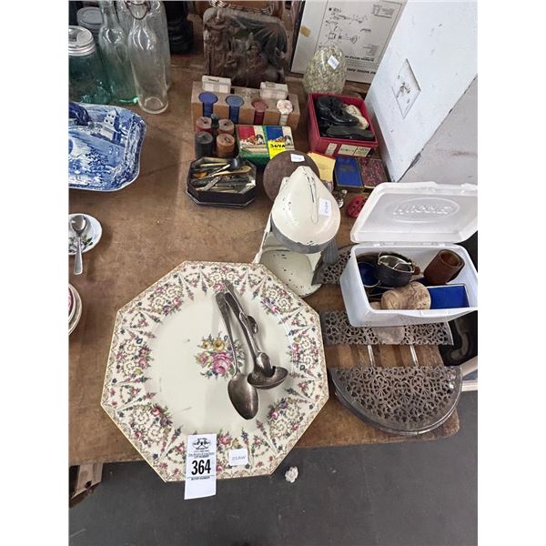 Large Floral Dish w/Vintage Juicer, Divided Tray, Small Keepsake Boxes, Vanity Brushes