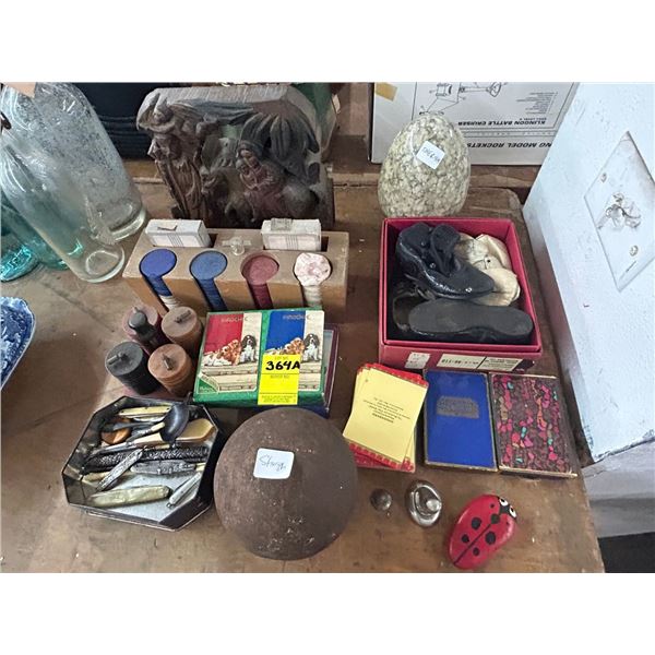 Old Cannonball, Pokerchips, Marble Egg, Vtg. Child Shoes, Playing Cards, Pocket Knife